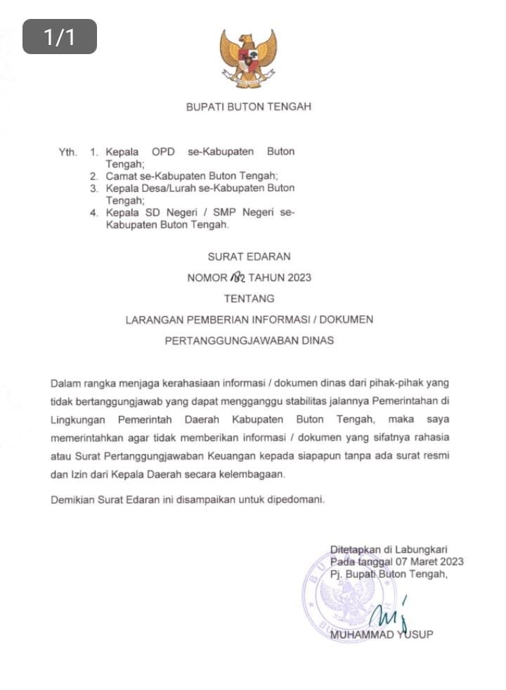 Surat edaran (se) Penjabat (Pj) Bupati Buton Tengah (Buteng), Muhamad Yusuf Nomor: 182 tahun 2023 tentang larangan pemberian informasi / dokumen pertanggungjawaban dinas tanggal 7 Maret 2023. Foto: ist